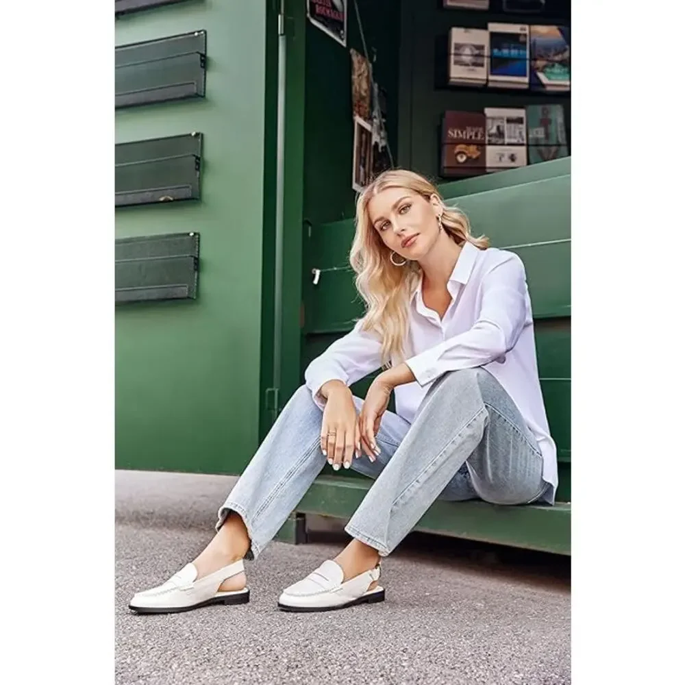 New! Size 7.5 White Almond Toe Slingback Adjustable Loafers - Picture 3 of 4